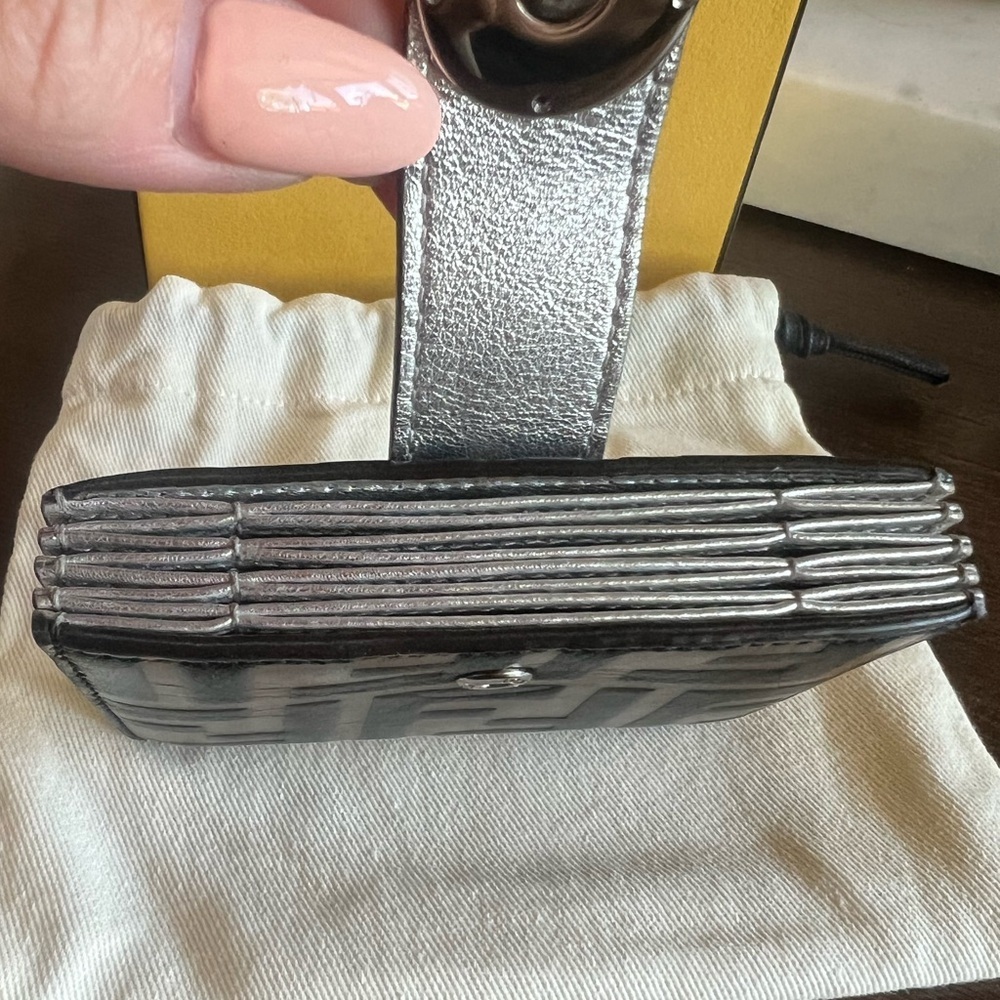 FENDI Tobacco Silver FF Zucca Lambskin Leather Maya Snap Accordion Card Wallet - Picture 8 of 12